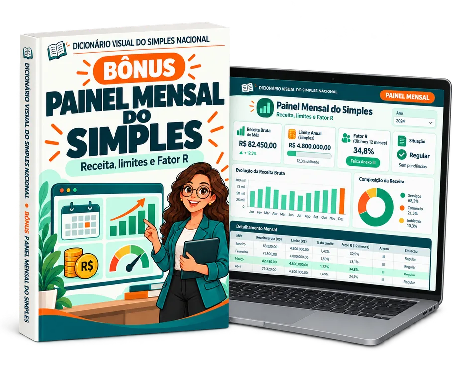 Bônus Painel Mensal do Simples: capa e planilha no notebook