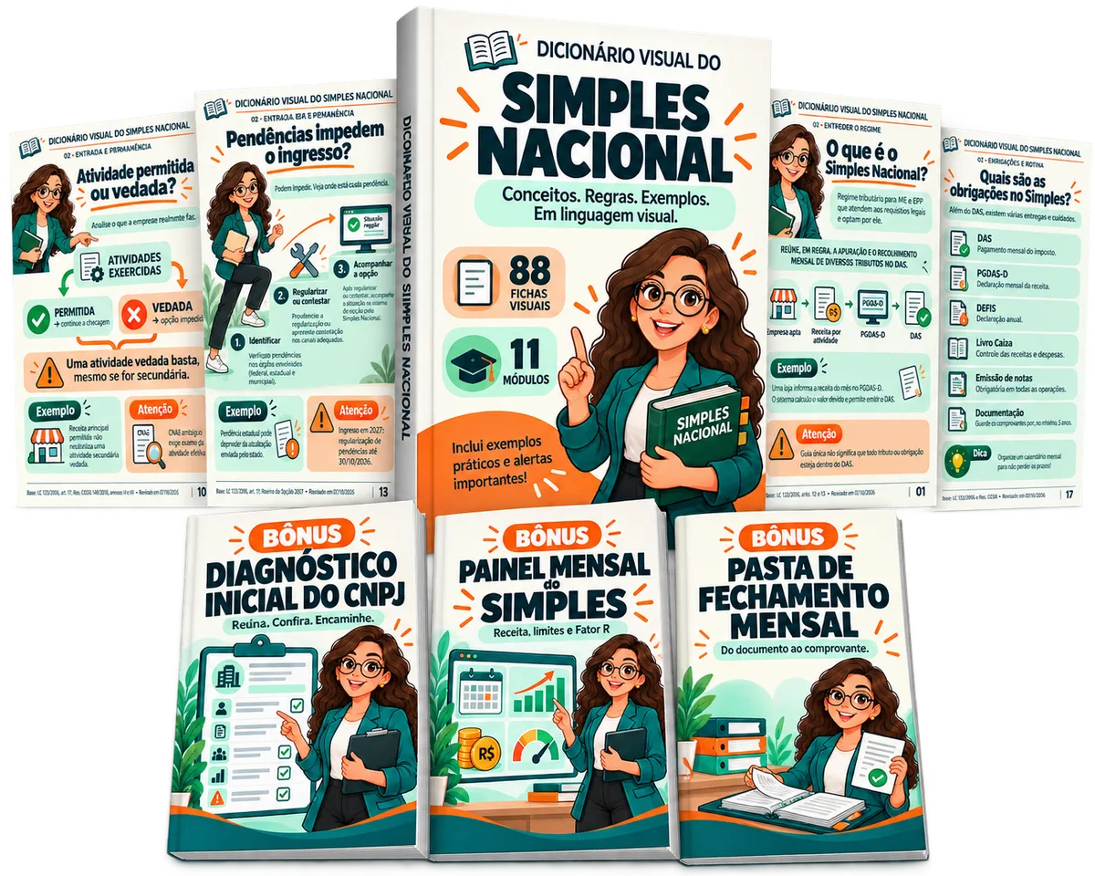 Dicionário Visual do Simples Nacional com as fichas e os 3 bônus: Diagnóstico Inicial do CNPJ, Painel Mensal do Simples e Pasta de Fechamento Mensal